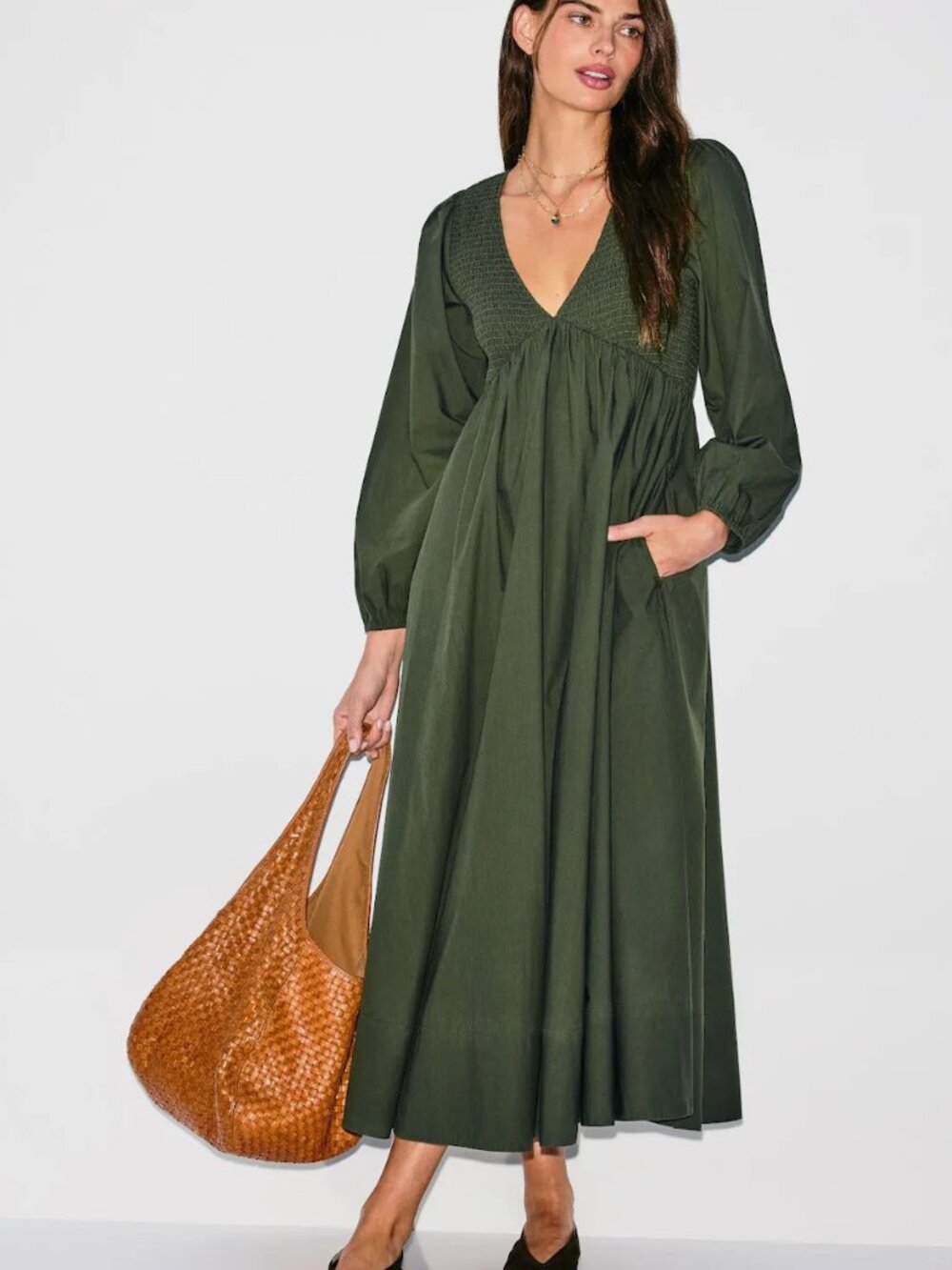 XíRENA Luella Maxi Dress in Evergreen Olive Green Long Sleeve Maternity